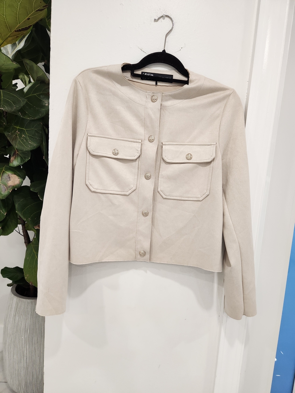 Zara Cream Collarless Button-Front Boxy Jacket